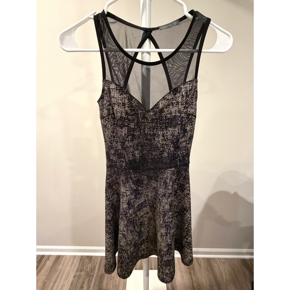 Y2K Metallic Gold Sparkle Skater Dress‎ Sheer Mesh Strappy Caged Back Mini XS